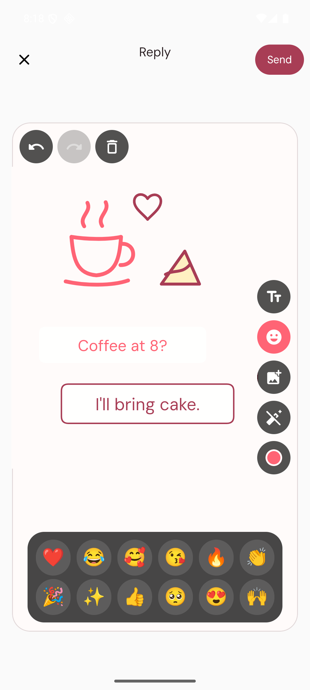 The With Doodles reply editor keeping a coffee invitation and adding a cake drawing with a typed response