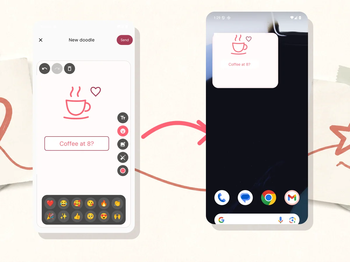 A coffee invitation being made in With Doodles beside the same invitation on an Android home screen widget