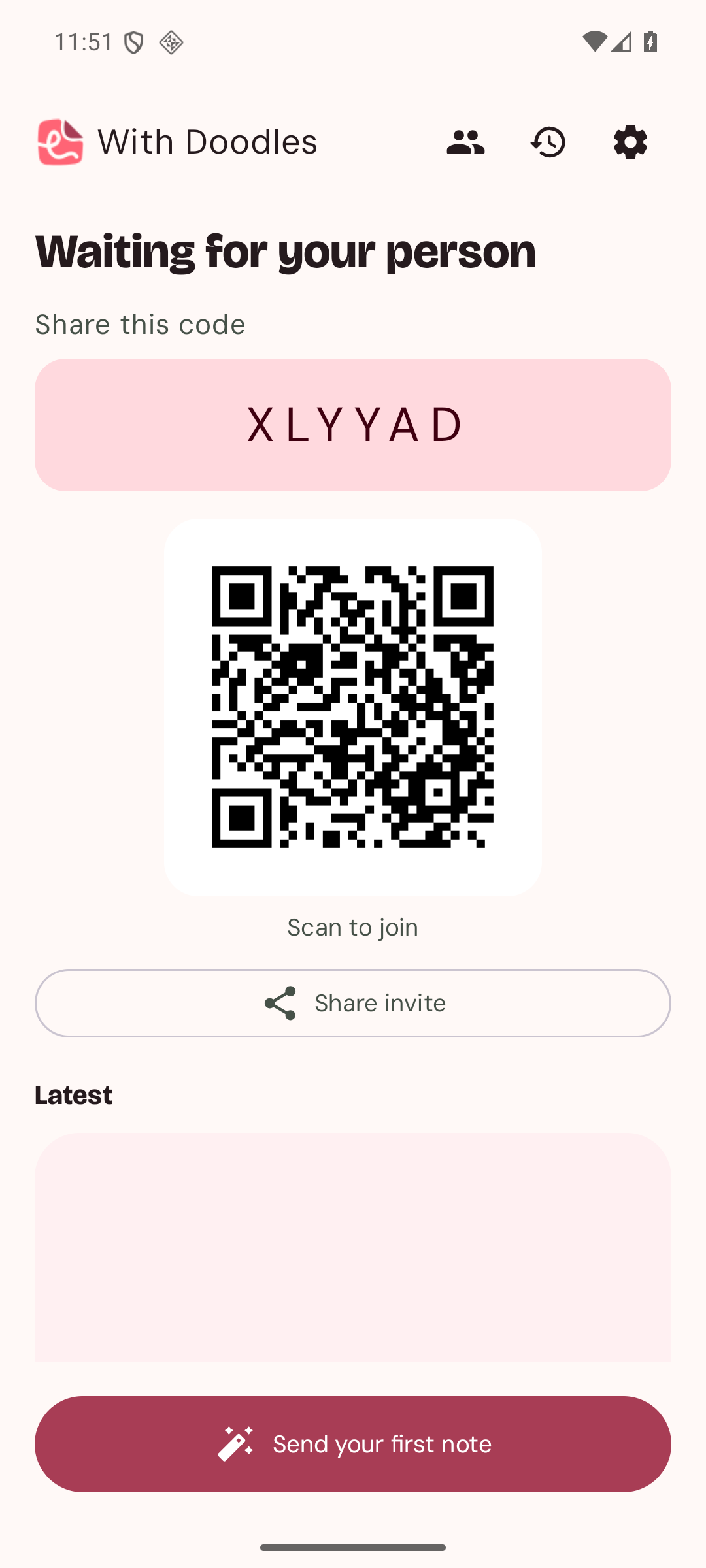 With Doodles showing a private six-character invite and QR code after the QR option is opened